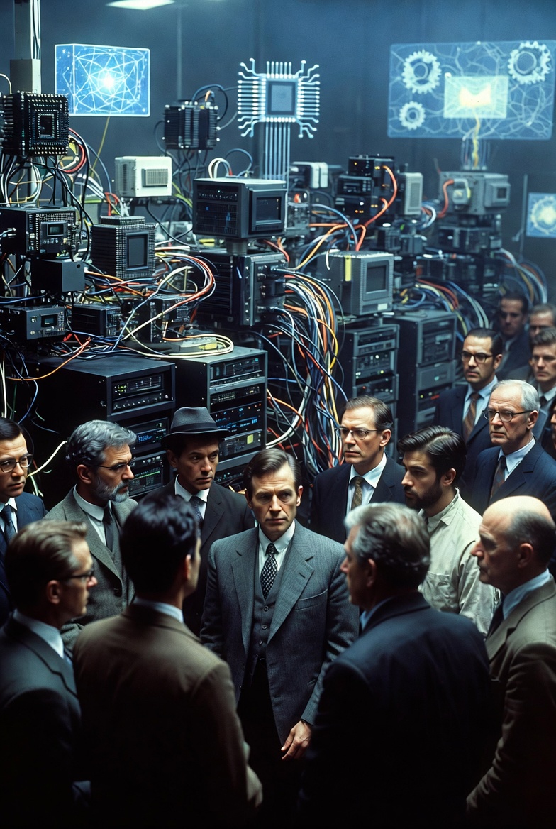 Diverse team of professionals in business attire discussing inside a large-scale data center, standing among rows of server racks, GPU clusters, high-voltage power lines, and transformers, illustrating the critical energy and hardware infrastructure required for training and operating modern artificial intelligence systems