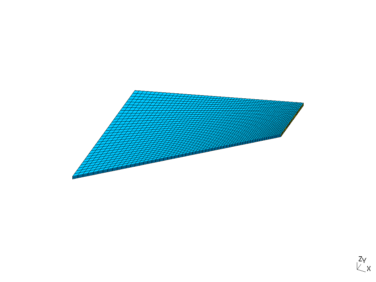 3D finite element mesh of Cook's membrane, 3720 HEXA8 elements in 2 layers through the thickness